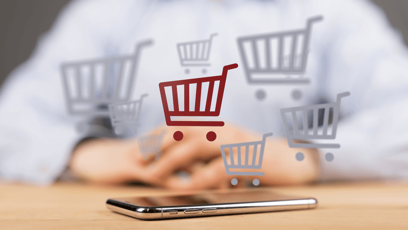 man with iphone, sharping carts floating above