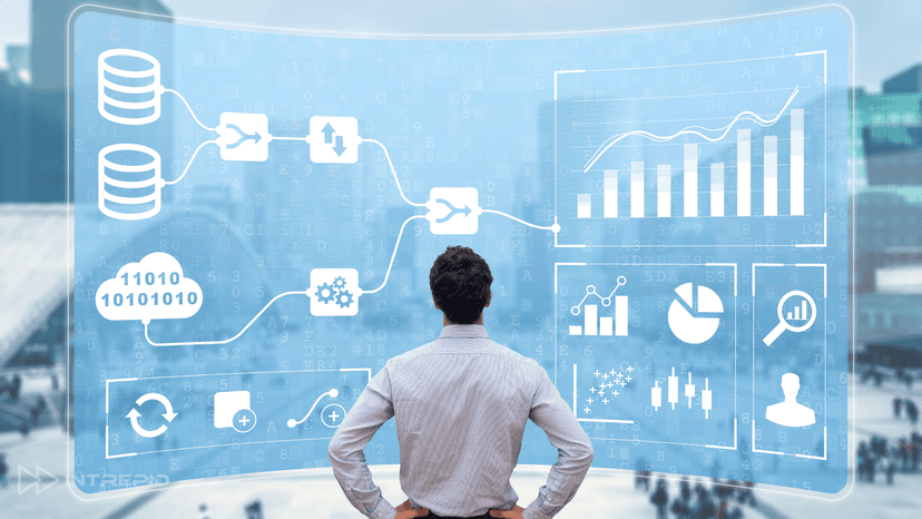 man looking at screen with financial modeling plans