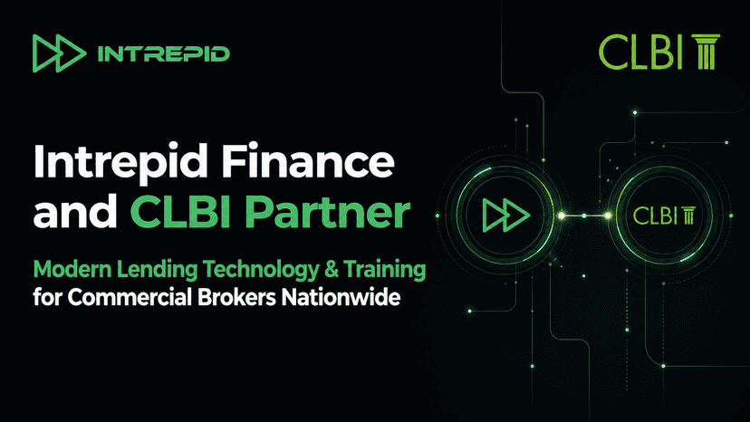 Modern branded graphic about the Intrepid Finance and CLBI partnership bringing lending technology and training to commercial brokers.