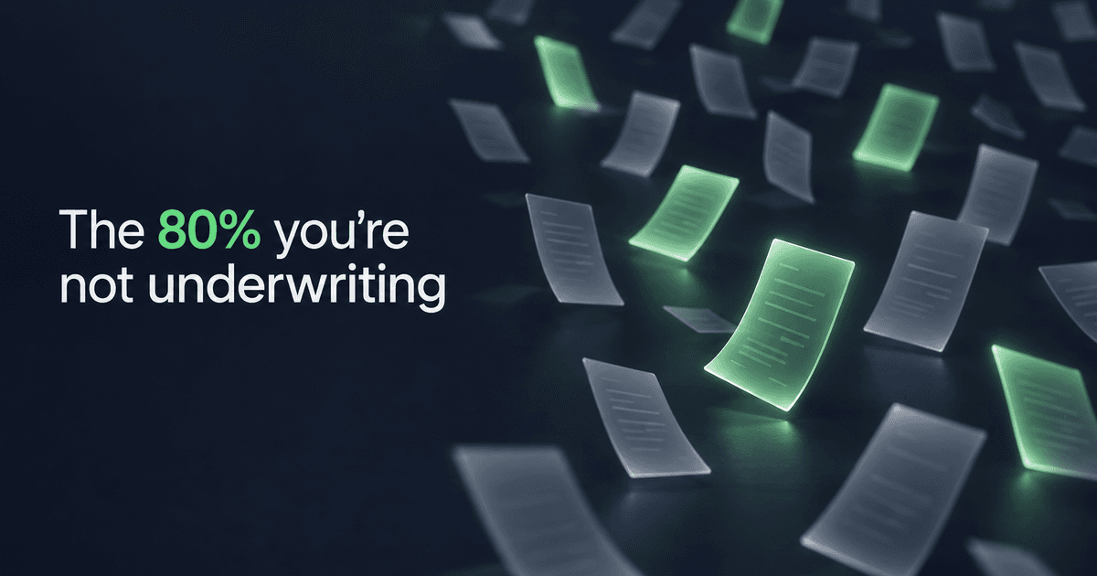 A field of loan documents with a few glowing green, headline 'The 80% you are not underwriting' - the unstructured data in lending that drives credit decisions.