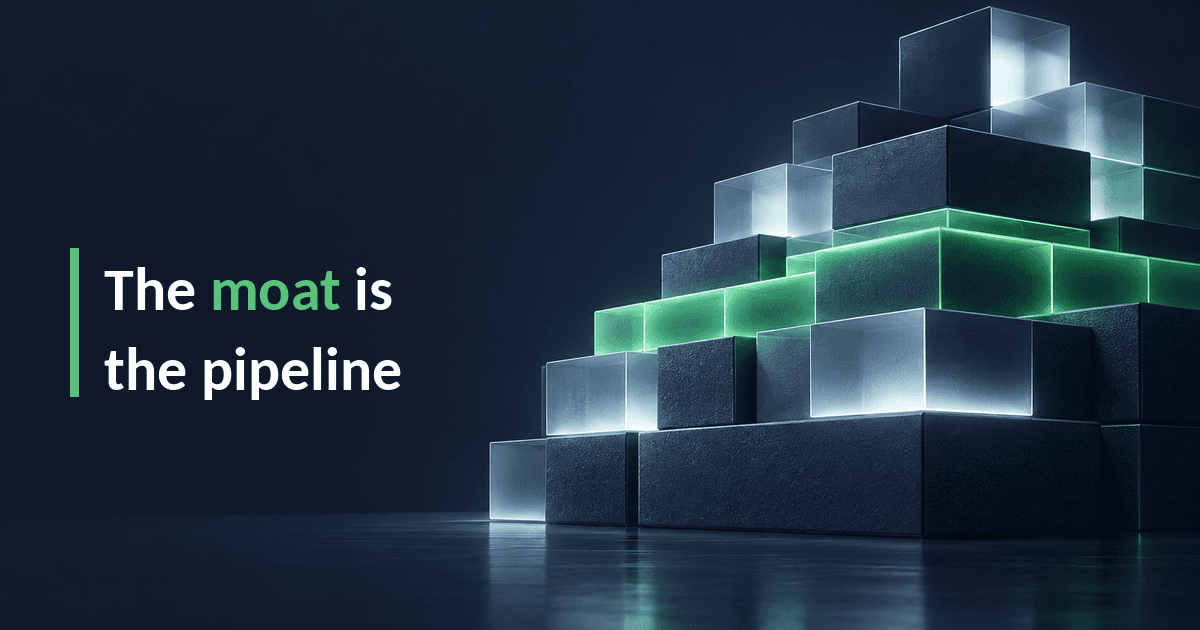 A layered foundation of structured glowing data blocks, headline 'The moat is the pipeline' - lending data infrastructure as the durable moat.