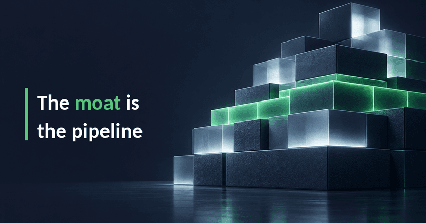 A layered foundation of structured glowing data blocks, headline 'The moat is the pipeline' - lending data infrastructure as the durable moat.