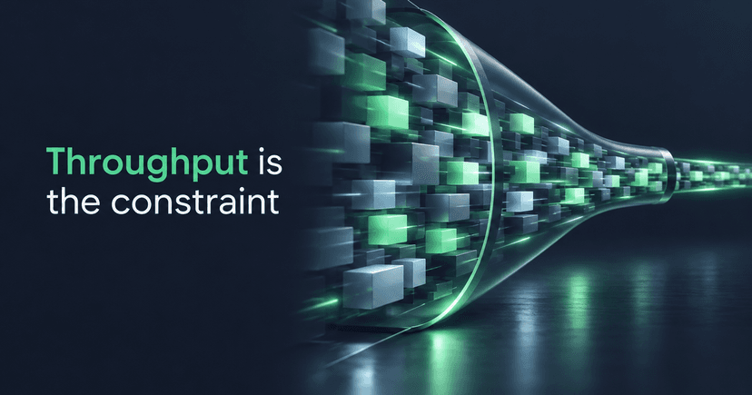 A converging pipeline carrying high volumes of luminous data blocks, headline 'Throughput is the constraint' - scaling with private credit growth.